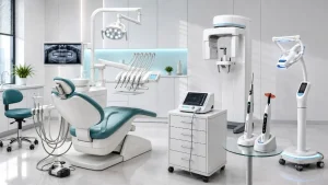 Dental chair, delivery unit, panoramic X-ray and clinical dental equipment in a modern clinic