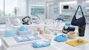 Medical consumables and PPE including masks, gloves, gauze, sanitiser and clinical supplies