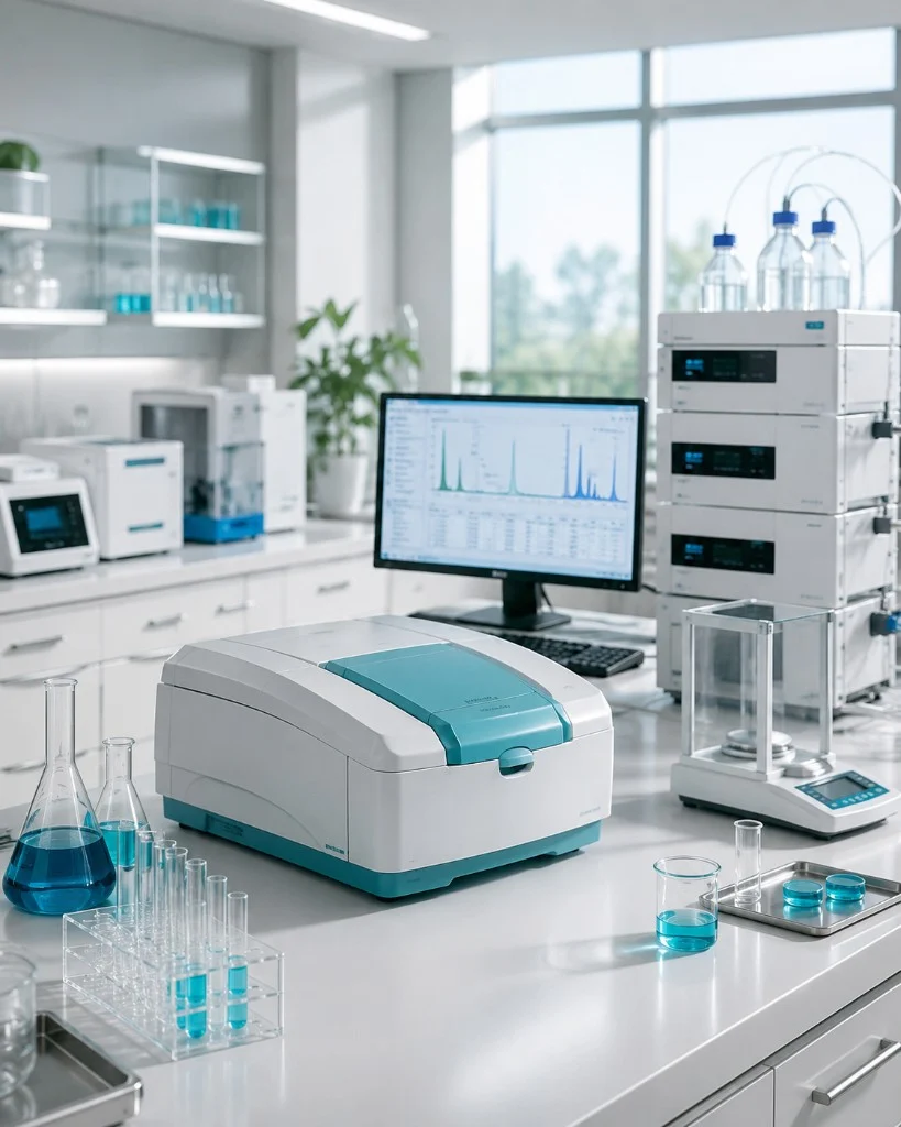 Modern analytical laboratory with instruments, chromatography system and data analysis display