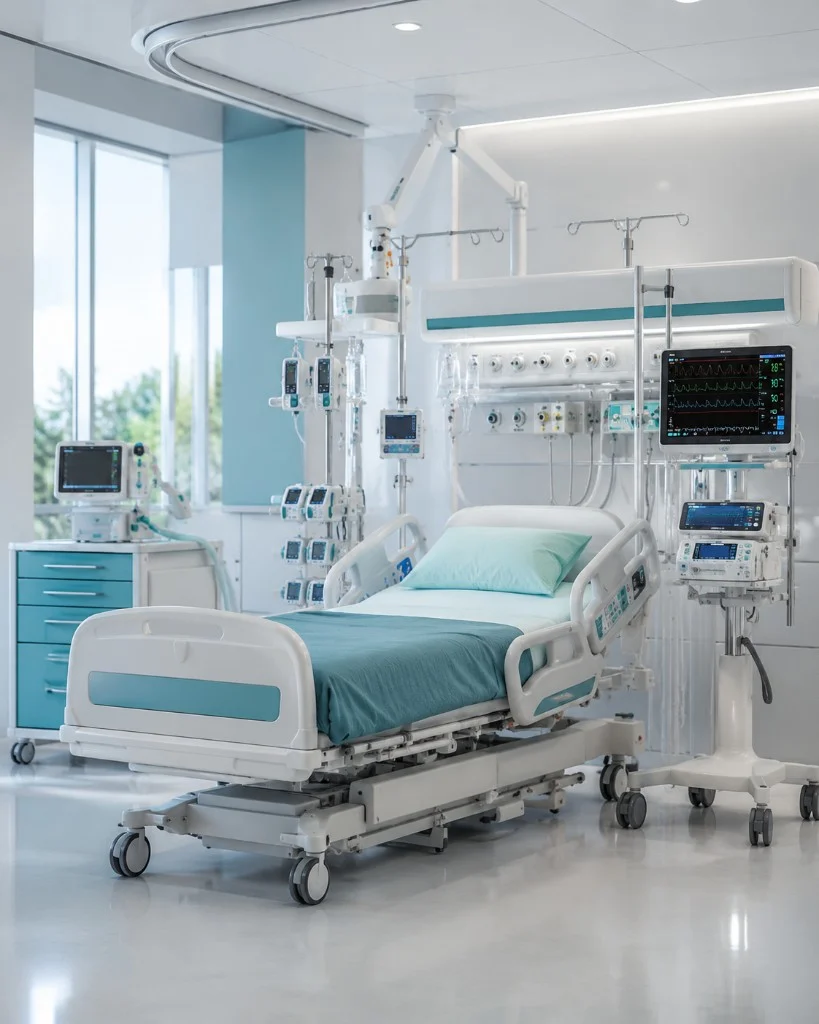 Modern ICU hospital bed with patient monitoring and clinical equipment